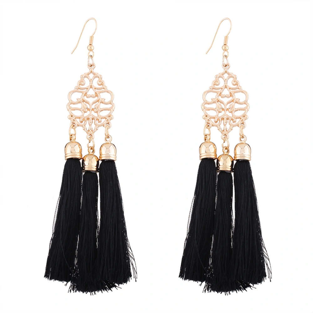 Fashion Women's Vintage Long Tassel Fringe Dangle Earrings Jewelry (Black)