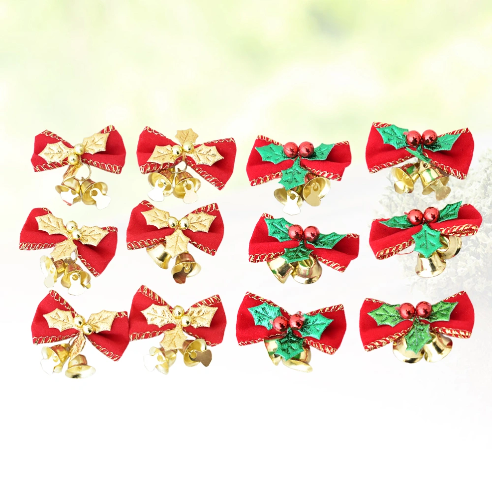 12pcs Mini Bowknot with Bell Creative Christmas Tree Hanging Decor Bow Gift DIY Hat Costume Accessary Bowknot Christmas Decorative Props for Tree Christmas Gift (6pcs Green Leaves and 6pcs Golden Leaves Pattern)