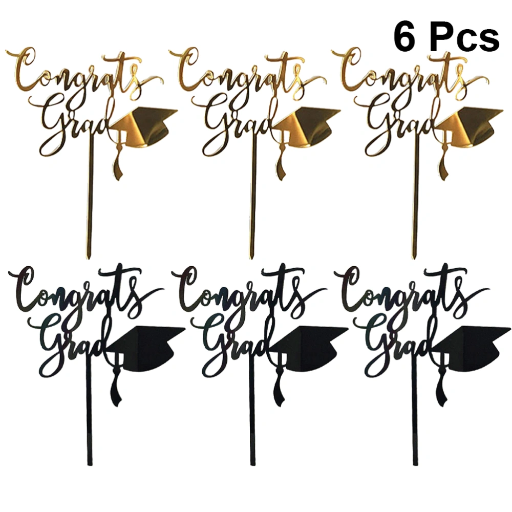 6pcs Shiny Acrylic Cake Toppers Letter and Graduation Hat Design Cake Picks Creative Fruit Picks Decoration Graduation Prom Party Dessert Insert Favor(Gold And Black, 3pcs for Each Color)