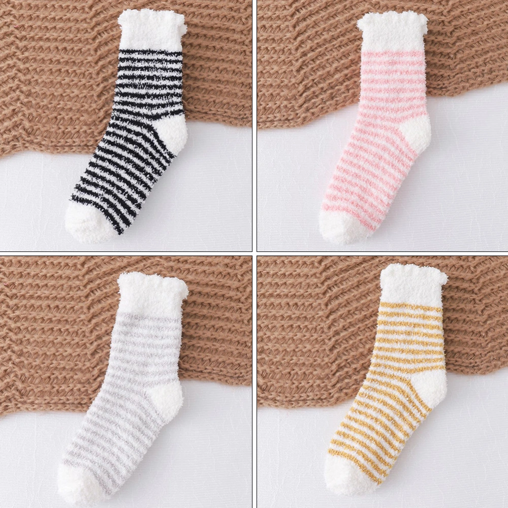 1 Set 4 Pairs Autumn Winter Thickened Warm Mid-calf Striped Socks (Random Color)