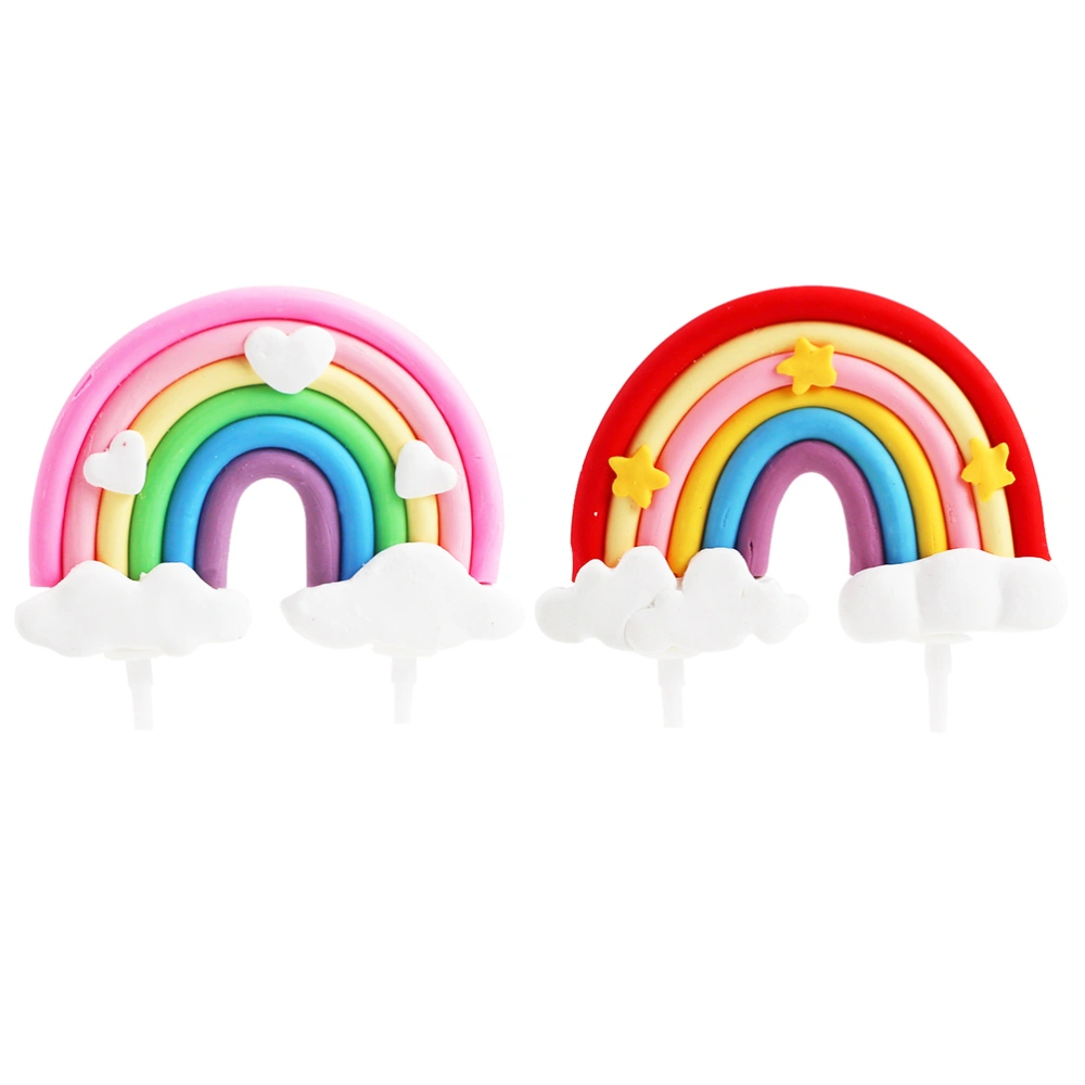 2pcs Decorative Birthday Cake Toppers Clay Cake Decor Rainbow Shaped Design Birthday Cake Adornment for Party Gathering (Red Star Pattern and Pink Hearted Pattern Each 1PC)