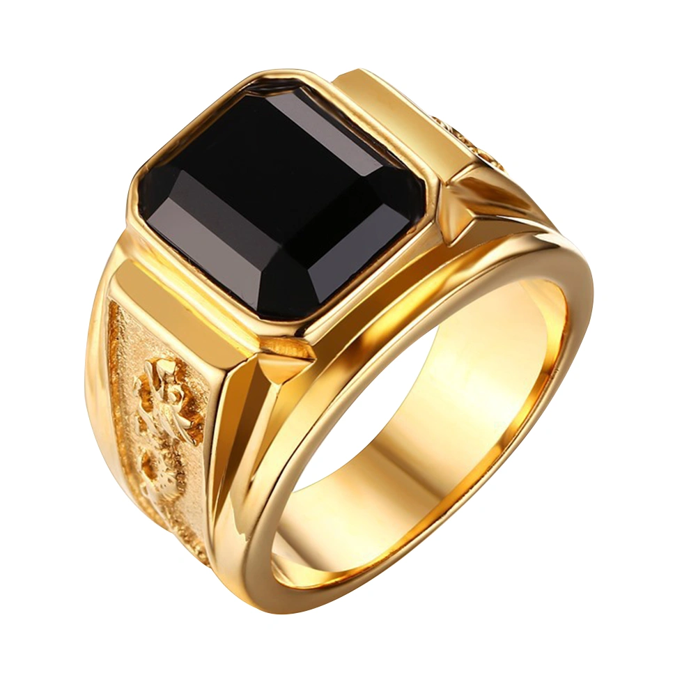 1PC Fashion Golden Ring Vintage Black Zircon Ring Stylish Jewelry Valentines Day Gift for Male Men (Size 10)