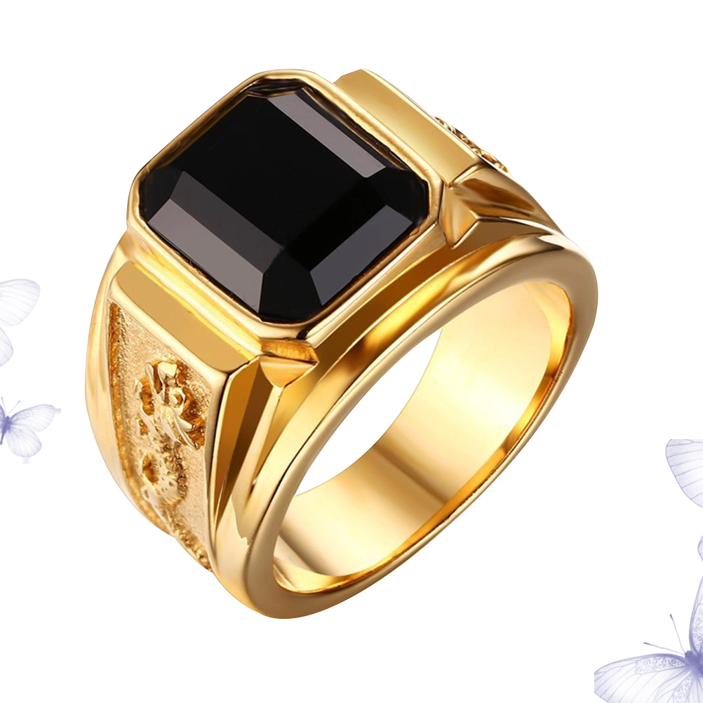 1PC Fashion Golden Ring Vintage Black Zircon Ring Stylish Jewelry Valentines Day Gift for Male Men (Size 10)