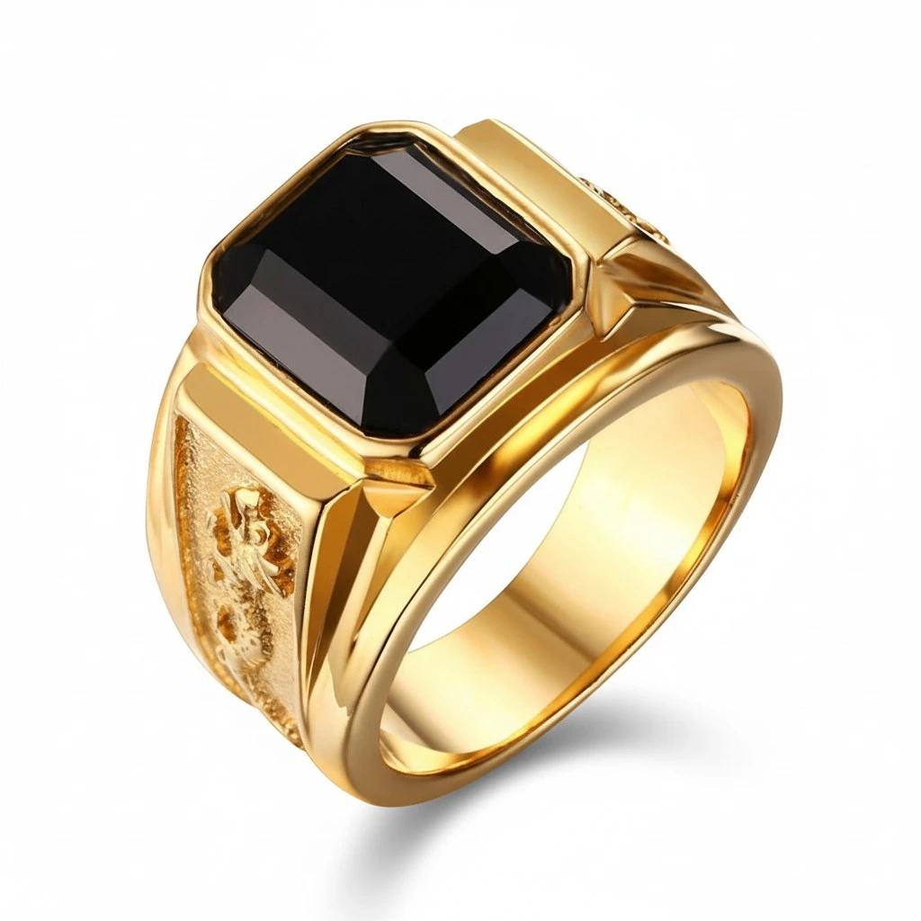 1PC Fashion Golden Ring Vintage Black Zircon Ring Stylish Jewelry Valentines Day Gift for Male Men (Size 10)