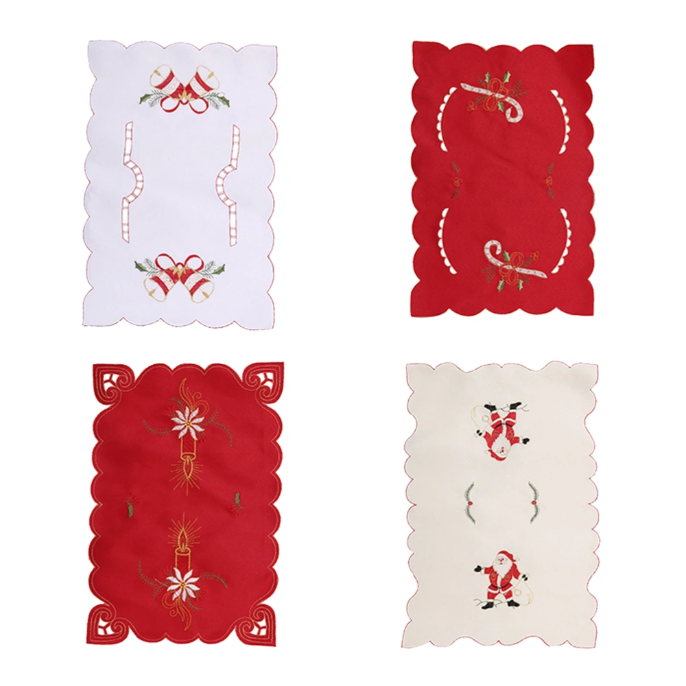 4pcs Christmas Embroidered Eat Mat Christmas Dining-table Decoration Santas Bell Candle Walking Stick Embroidered Placemat Christmas Dinner Mat Christmas Desktop Adornments Random Style