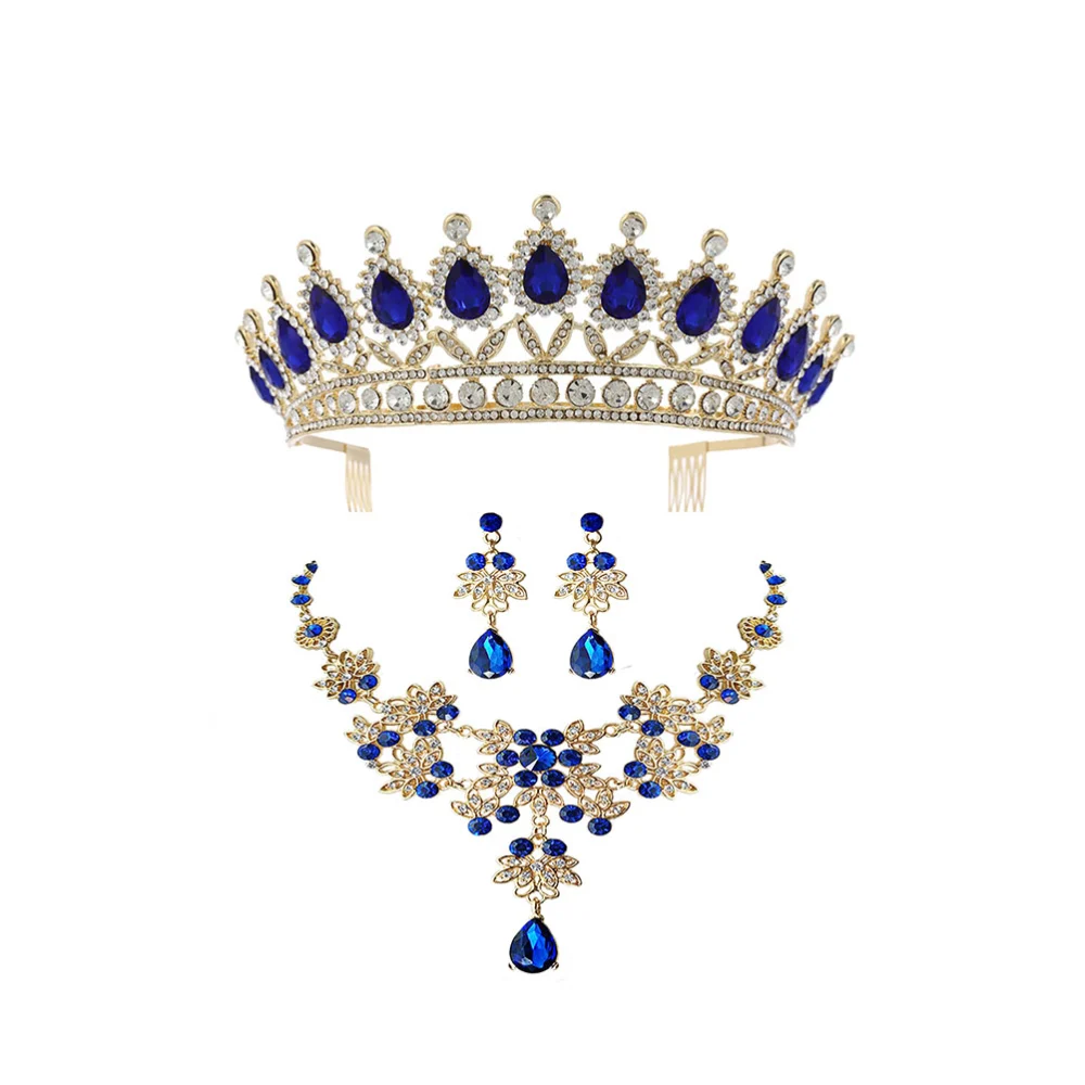 1 Set Unique Bride Crown Necklace Earring Set Elegant Jewelry Wedding Dress Accessories Costume Accessory for Women Female (Blue)