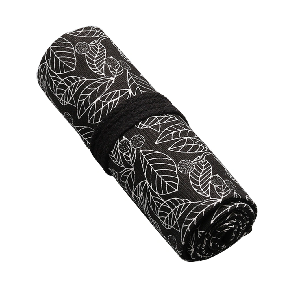 Portable Canvas Pen Bag Large Capacity Rolling Pencil Case Roll Wrap Pencil Holder Pen Pouch Storage Organizer (36 Slots-Black Leaf)