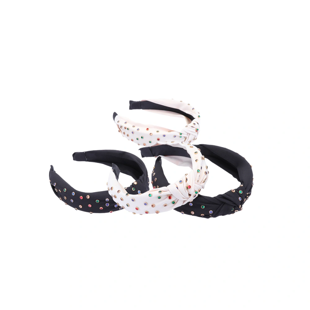 2 PCS Cloth Headbands Fashion Rhinestone Decor Headwear Wide-brimmed Headdress Tie Knot Hair Accessories for Women Ladies Girls (Black, Beige Style)