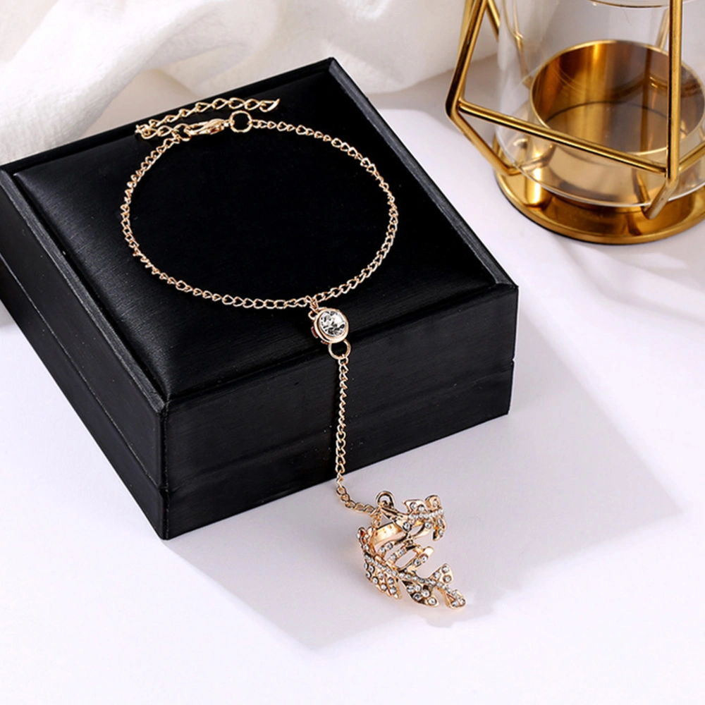 Decorative Finger Ring Chain Hollow Leaf Ring Hand Decoration (Golden)