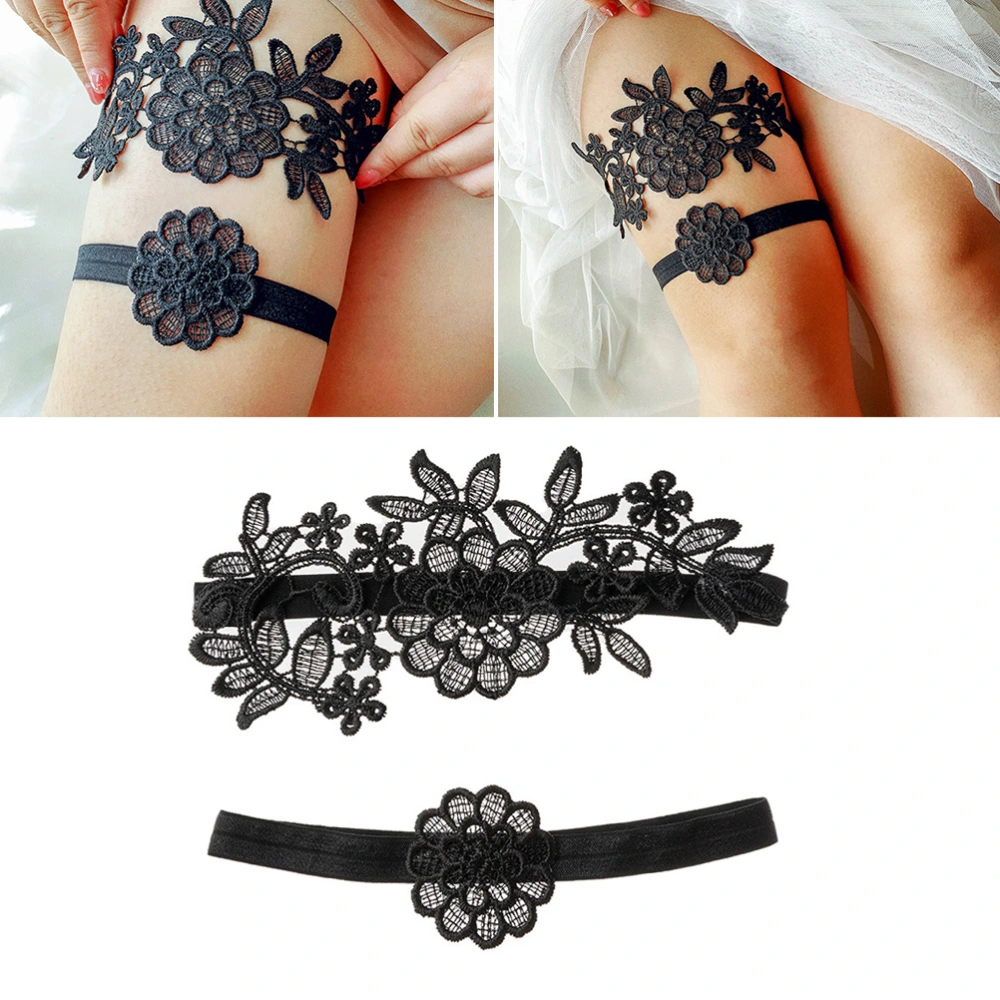 2PCS Fashion Bridal Garters Beautiful Wedding Lace Flower Garters Decorative Garters for Woman Ladies Female (Black, 45-60cm Thigh Girth)