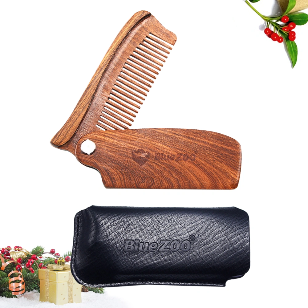 Foldable Sandalwood Comb Smooth Hair Comb Anti-static Massage Comb with PU Storage Pouch for Women Men Outdoor (Brown)