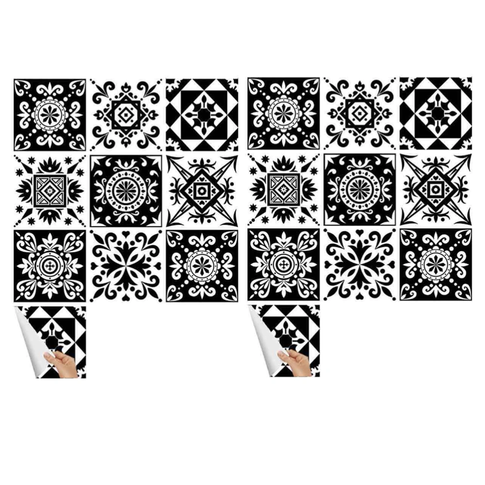 2 Sets 20x20cm Floral Pattern Black and White Wall Sticker Tiles Decal Waterproof Self Adhesive Wall Decal for Bathroom Kitchen