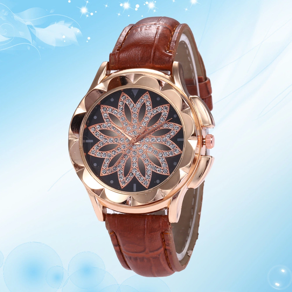 Women Fashionable Rhinestone Watch Elegant Alloy Quartz Wristwatch Symbol Beautiful Watch Jewelry for Ladies (Brown)