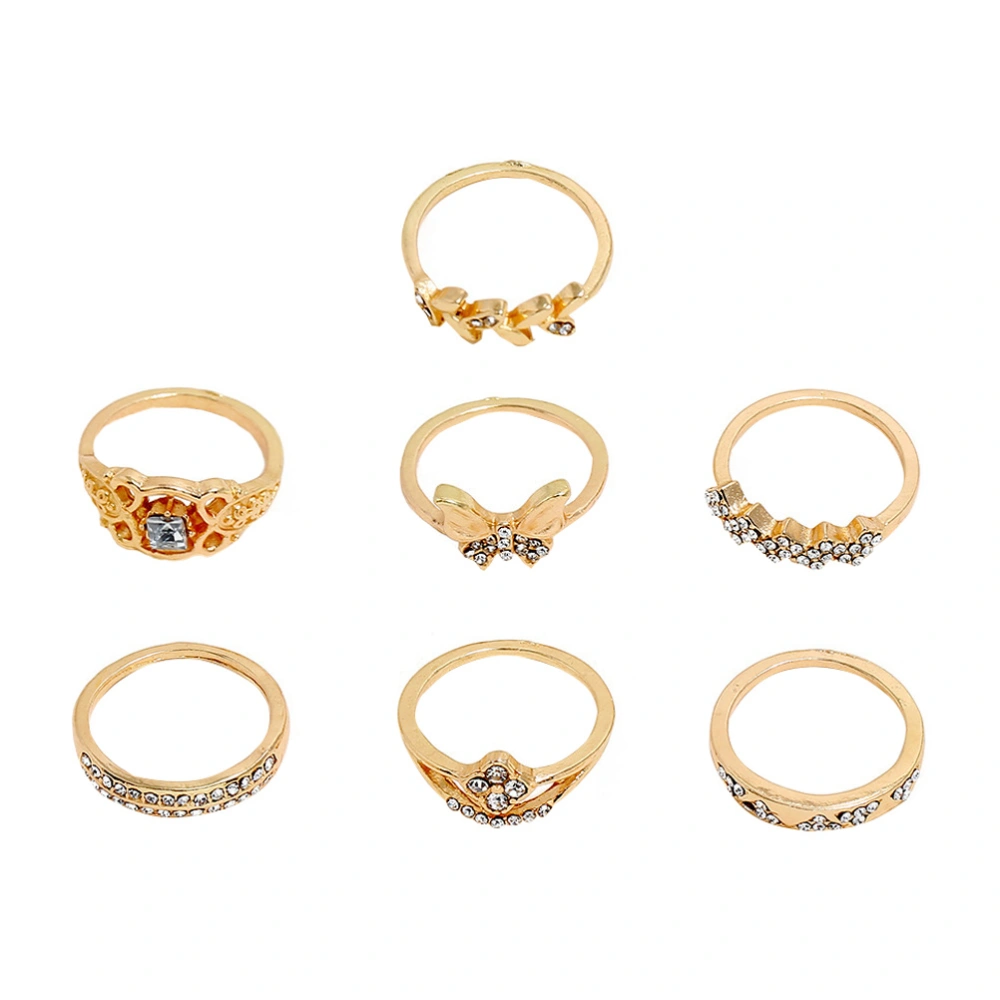 7pcs Rhinestone Inlaid Rings Retro Rings Set Fashion Finger Decorations (Golden)