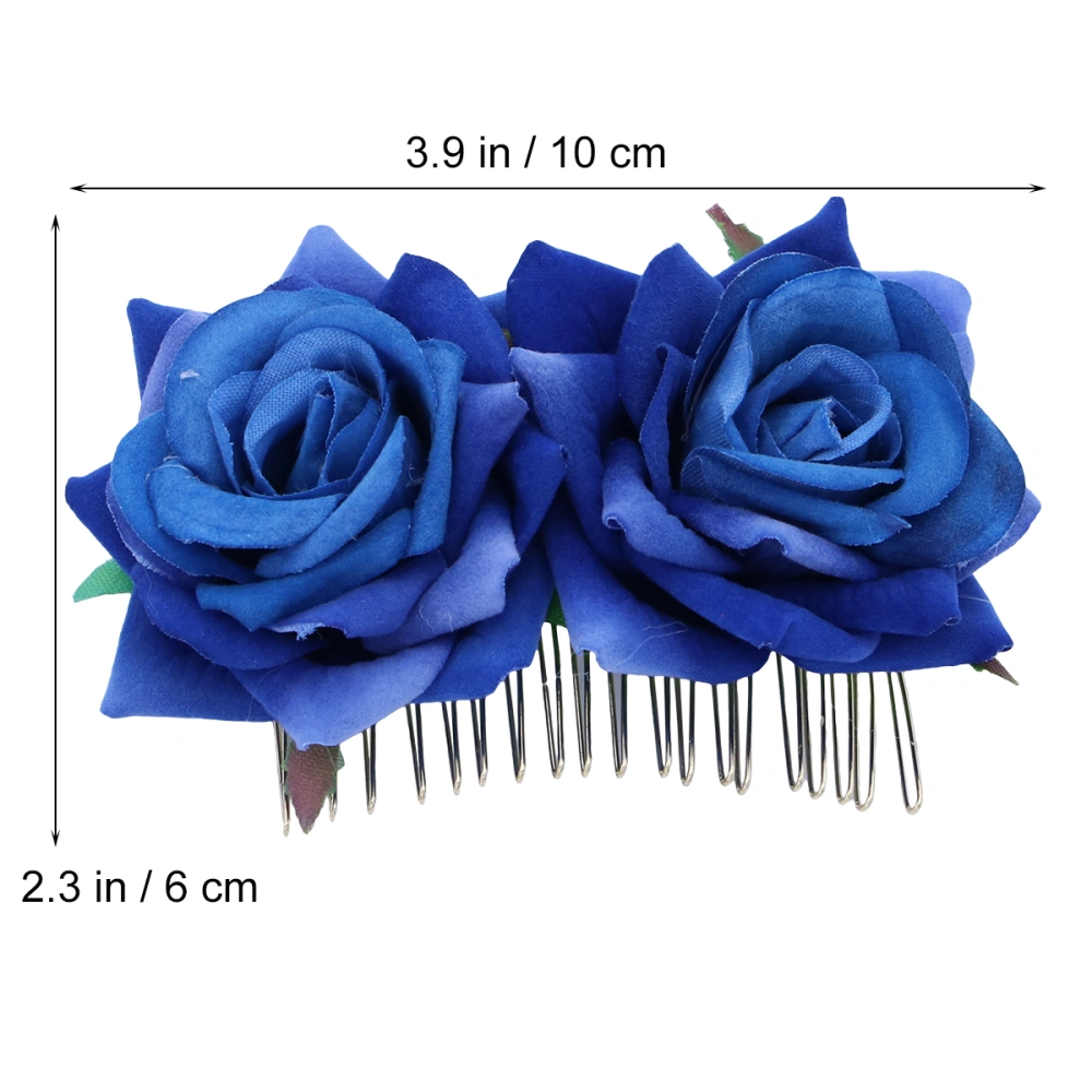 Rose Flower Hair Comb Floral Hair Accessory Headpiece for Women Girls Wedding Bridal (Blue)