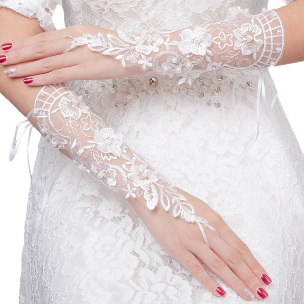 1 Pair Fashion Bride Lace Embroider Flower Dew Finger Gloves Hollow Out Bandage Gloves Wedding Dress Accessories ST2023 (White)