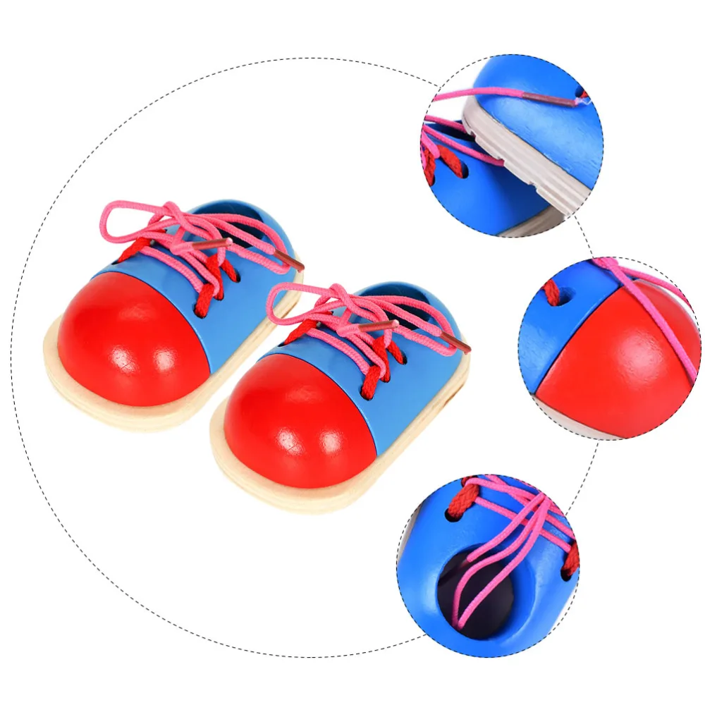 2pcs Tie-up Shoes Toy Wooden Lacing Shoe Toy Kid Shoe Tying Teaching Toy