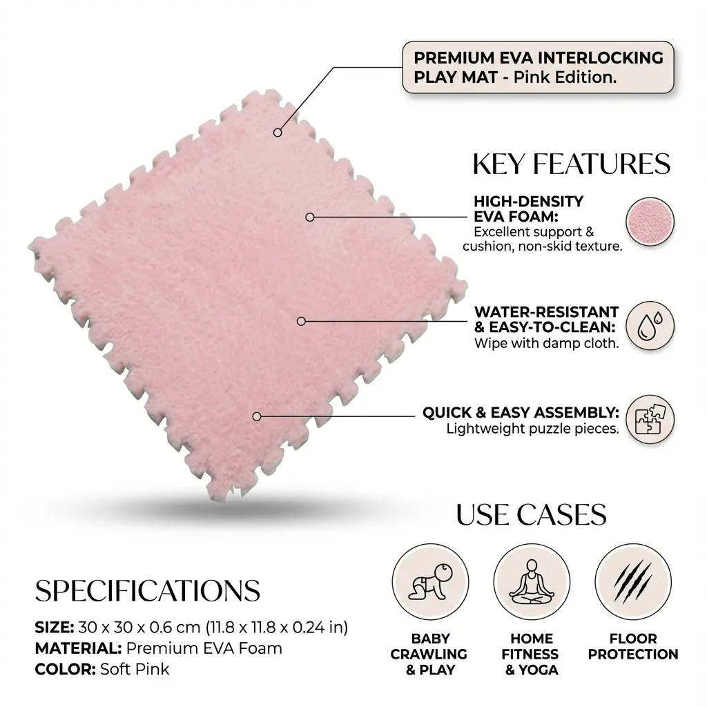 EVA Interlocking Kids Play Mats Puzzle Playmat Children Toddler Infant Crawling Exercise Area Carpet (Pink)