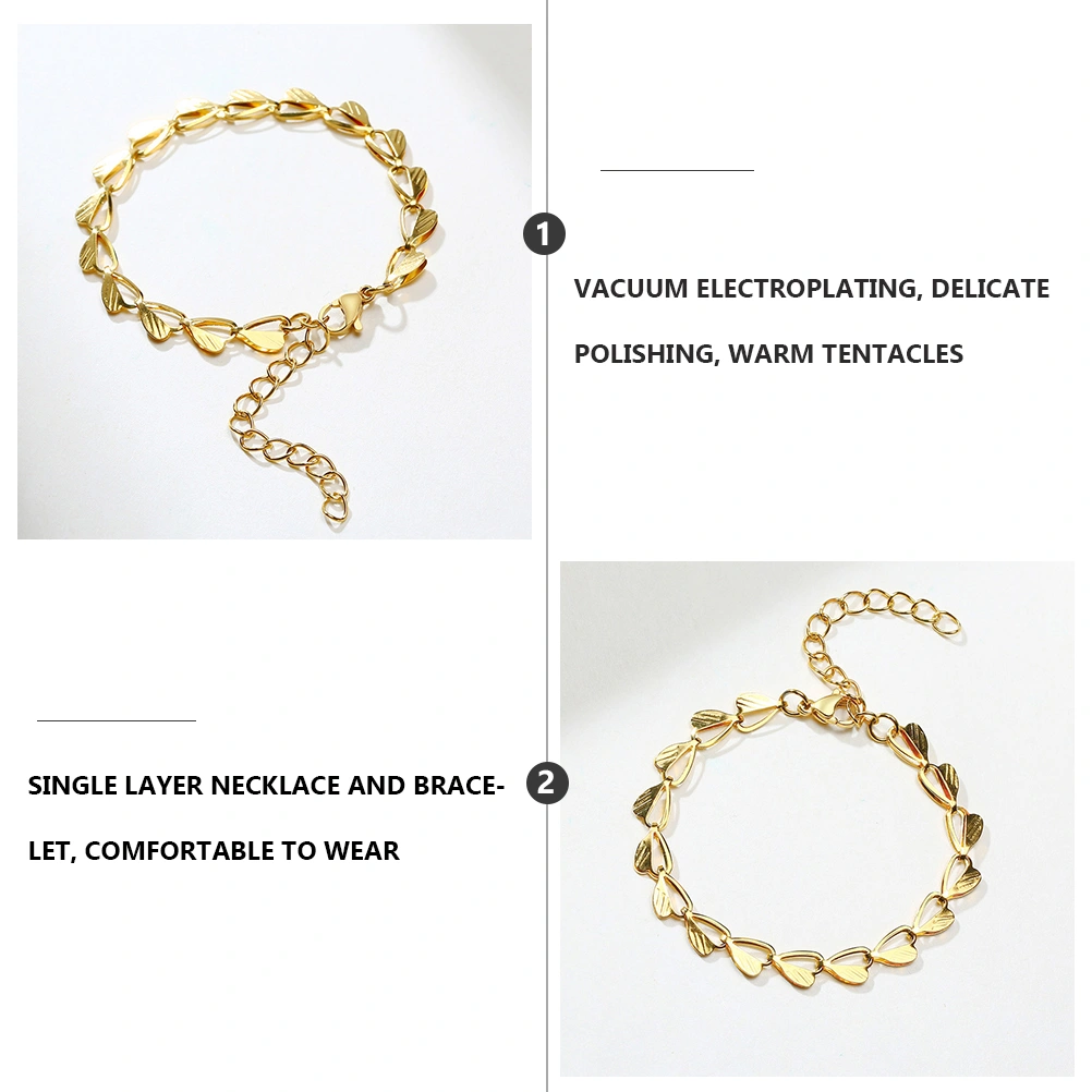 1 Set Stainless Steel Leaf Shaped Necklace Bracelet Set Bridal Jewelry Golden