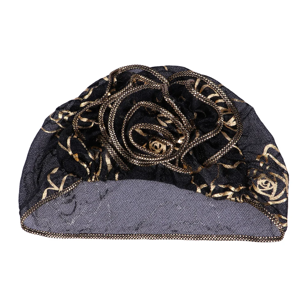 Women Muslim Hat Beauty Gauze Bronzing Floral Hat Muslim Ruffle Lace Beanie Turban (Black)