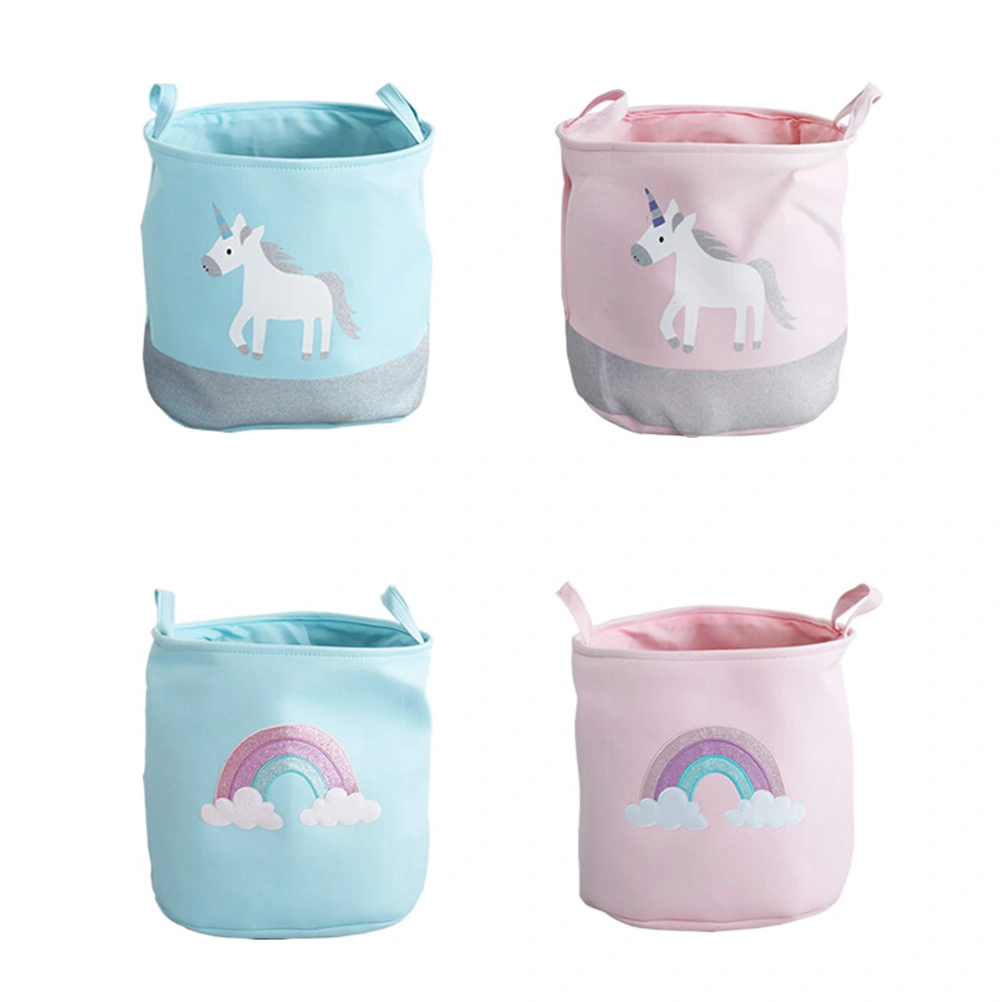 Printed Laundry Baskets Folding Cartoon Pattern Linen Fabric Laundry Organizing Basket(Pink Rainbow)