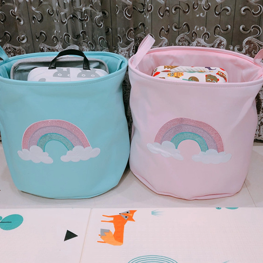 Printed Laundry Baskets Folding Cartoon Pattern Linen Fabric Laundry Organizing Basket(Pink Rainbow)