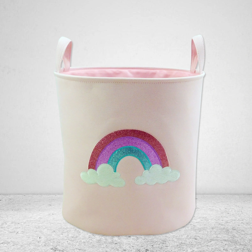 Printed Laundry Baskets Folding Cartoon Pattern Linen Fabric Laundry Organizing Basket(Pink Rainbow)