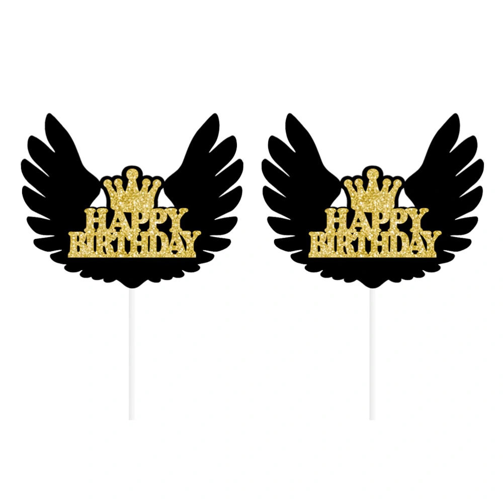 2PCS Black Angel Wings Shape Happy Birthday Cake Toppers Decorative Cupcake Muffin Food Fruit Picks Birthday Party Decoration Supplies