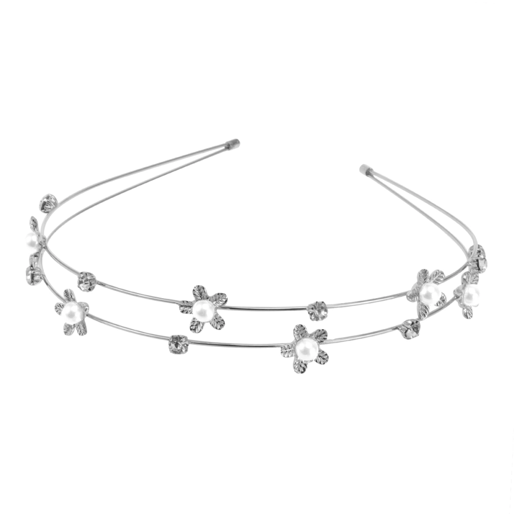 Women Rhinestone Headband Double Layer Silver Hair Wedding Bridal Hair Loop Hair Clasp Hair Band Hair Accessories for Ladies (Round Leaf Five-petal Flower Style)