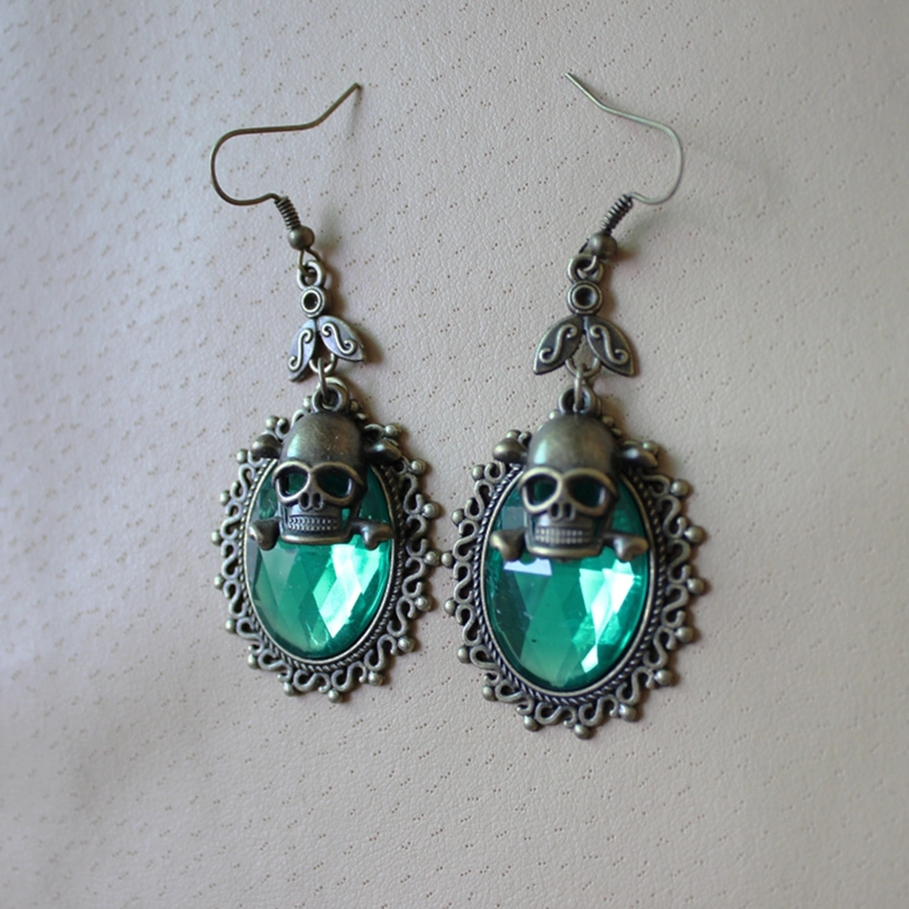 Halloween Gothic Skull Crystal Earrings Vintage Steampunk Punk Party Eardrop (Green)