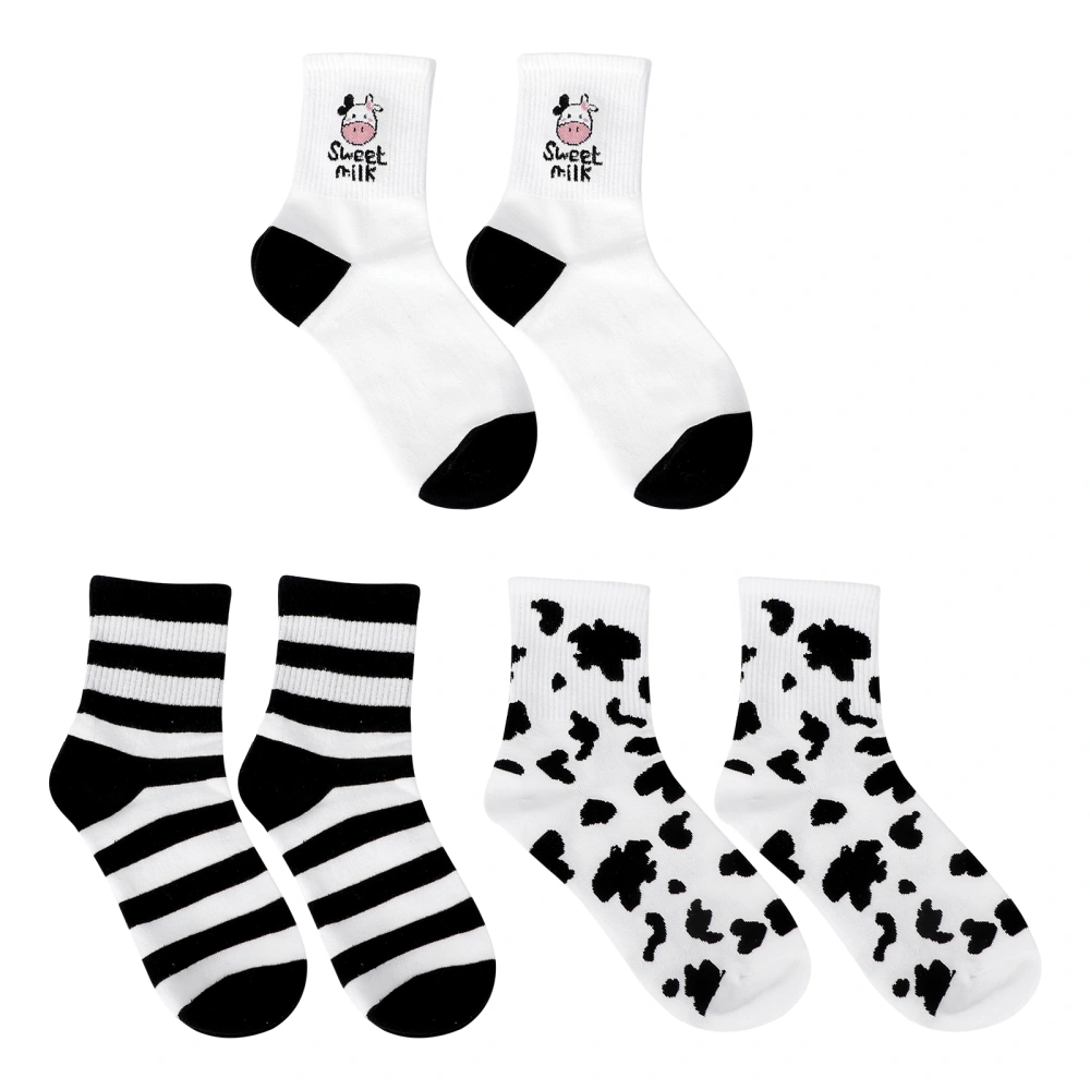 3 Pairs Cow Pattern Socks Mid-calf Length Sock Girl Sock Fashion Cotton Sock