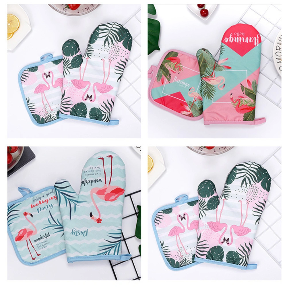 2 Pcs Heat Resistant Oven Mitts and Mat Thicken Anti-scald Glove and Pad Flamingo Printed Baking Protective Glove Mat for Home Kitchen Cooking Baking