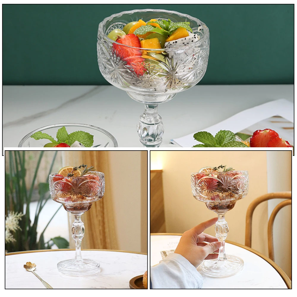 1Pc Glass Dessert Goblet Dessert Beverage Cup with Relief Patterns (Transparent)