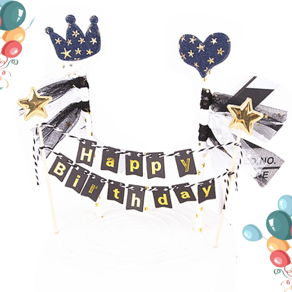 3PCS Birthday Cake Decoration Black and White Toppers Party Room Layout Decoration (Hot Stamping Crown Toppers + Hot Gold Love Toppers + Bronzing Toppers)