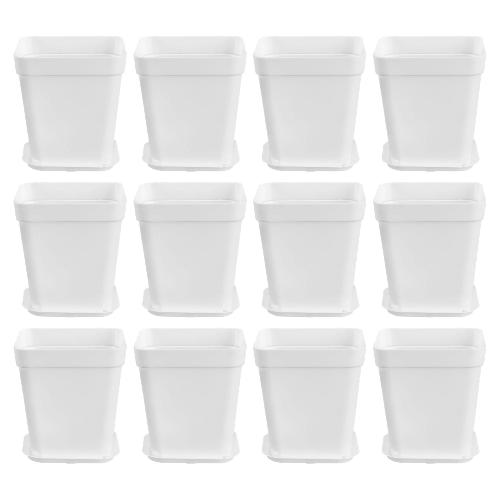 12pcs Plastic Square Flower Pot Mini Decorative Flower Pots Planters Creative Succulents Nursery Floral Holder Organizer Garden Supplies with Trays(White)