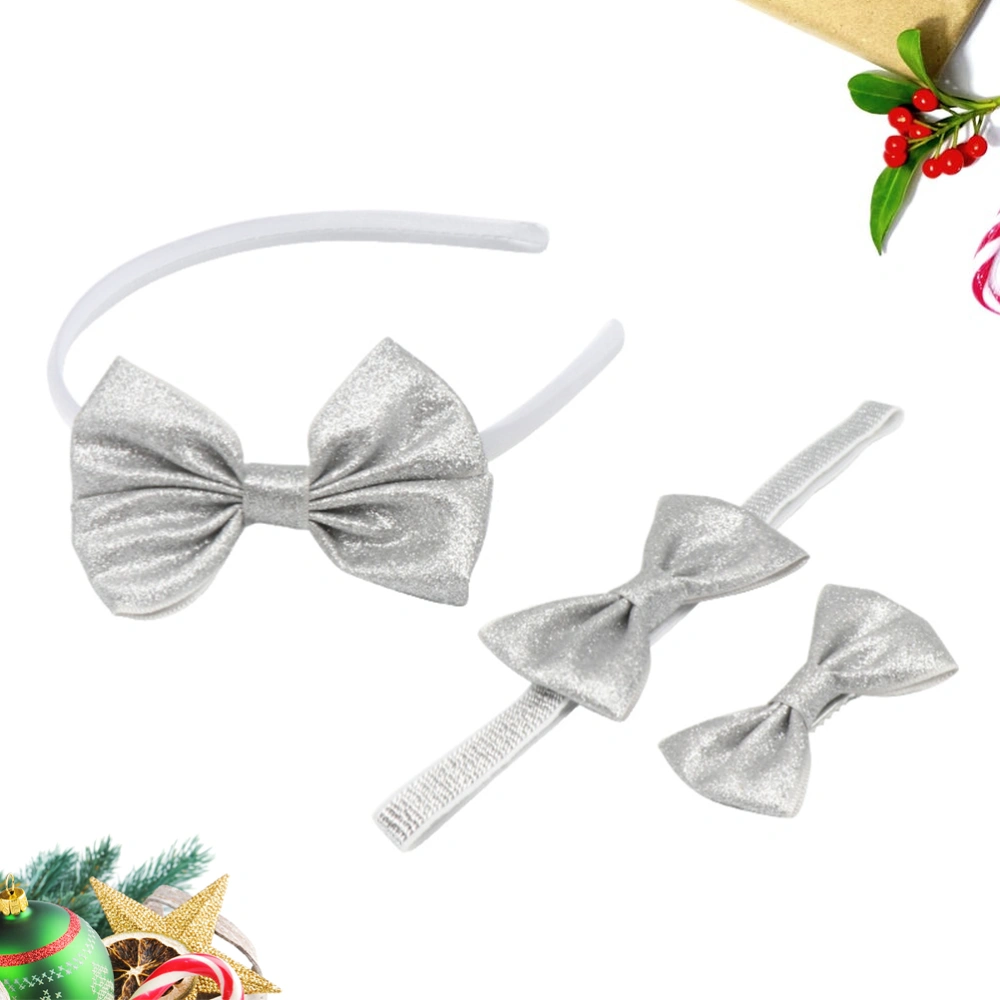 1 Set of 3PCS Kids Headwear Glitter Powder Bowknot Hair Clasp Headband Hair Clip (Silver)