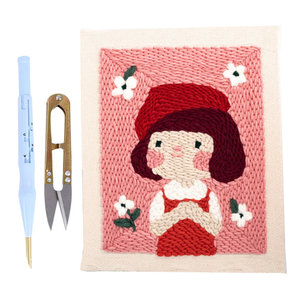 Square Embroidery Base DIY Punch Embroidery Set Cloth Scissor Wools Thread Accessories Embroidery Art Craft Gift Making (Little Red Hat Style Pattern)