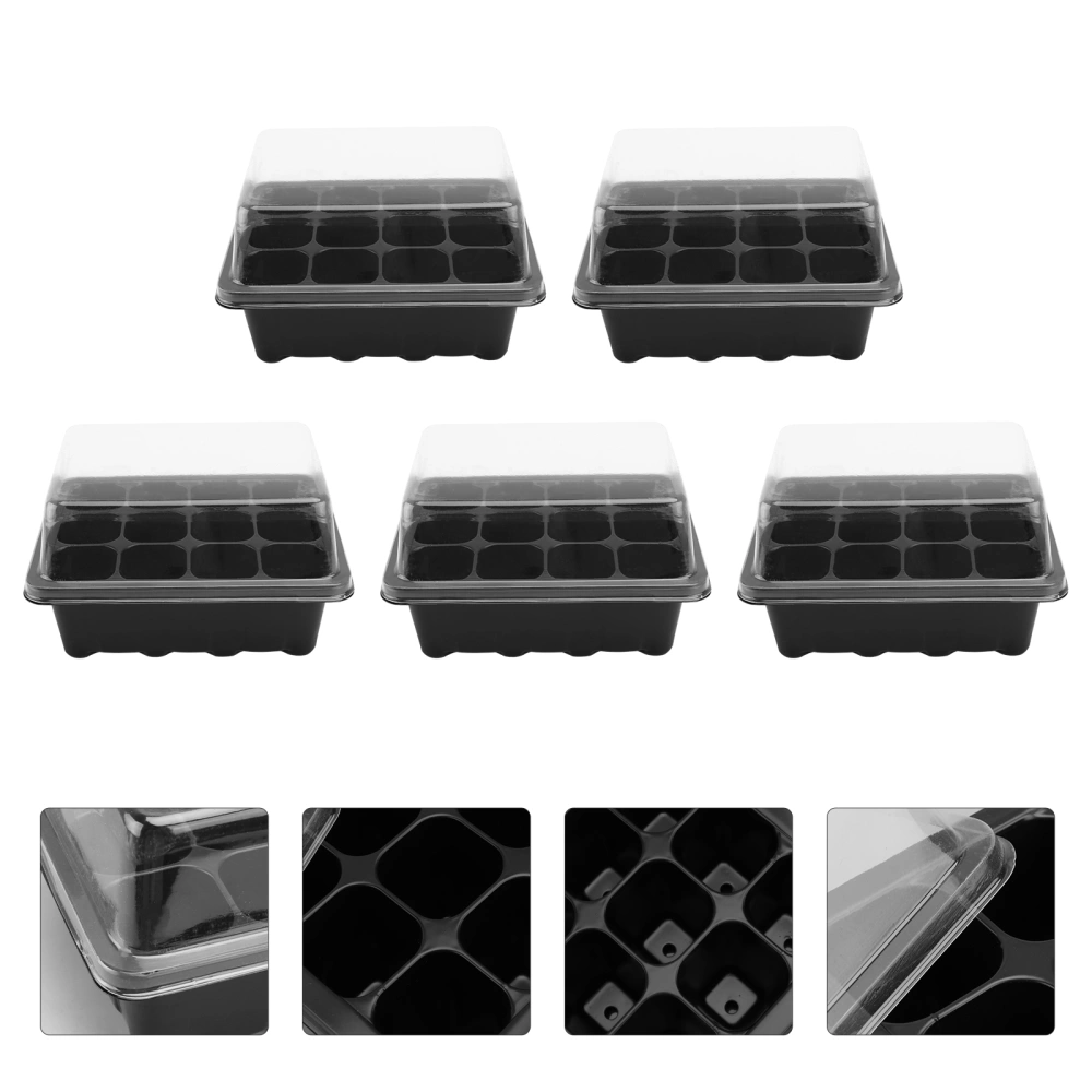 5 Pcs 18x14x6cm Tray Sprout Plate 12-Cells Nursery Pots Tray with Transparent Lids Box For Gardening Bonsai (Black)