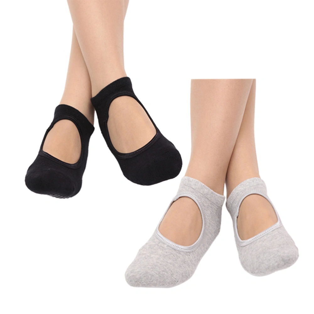 2 Pairs of Women Breathable Pilates Yoga Non Grip Cotton Ballet Dance Massage Ankle Socks (Black+Grey)