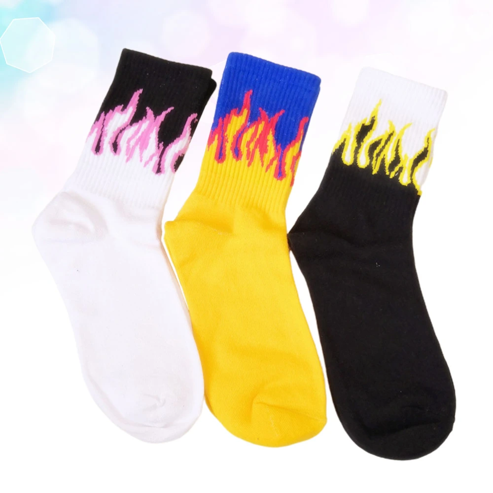 3 Pairs Flame Pattern Cotton Socks Stockings Fashion Breathable Stockings Medium Tube Socks Clothes Accessory(Balck + White + Yellow)