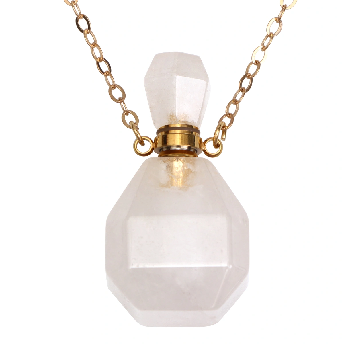 Natural Crystal Fluorite Wishing Bottle Perfume Essential Oil Bottle Pendant Necklace Accessories Colorful Hanging Container (White, with Metal Chain)