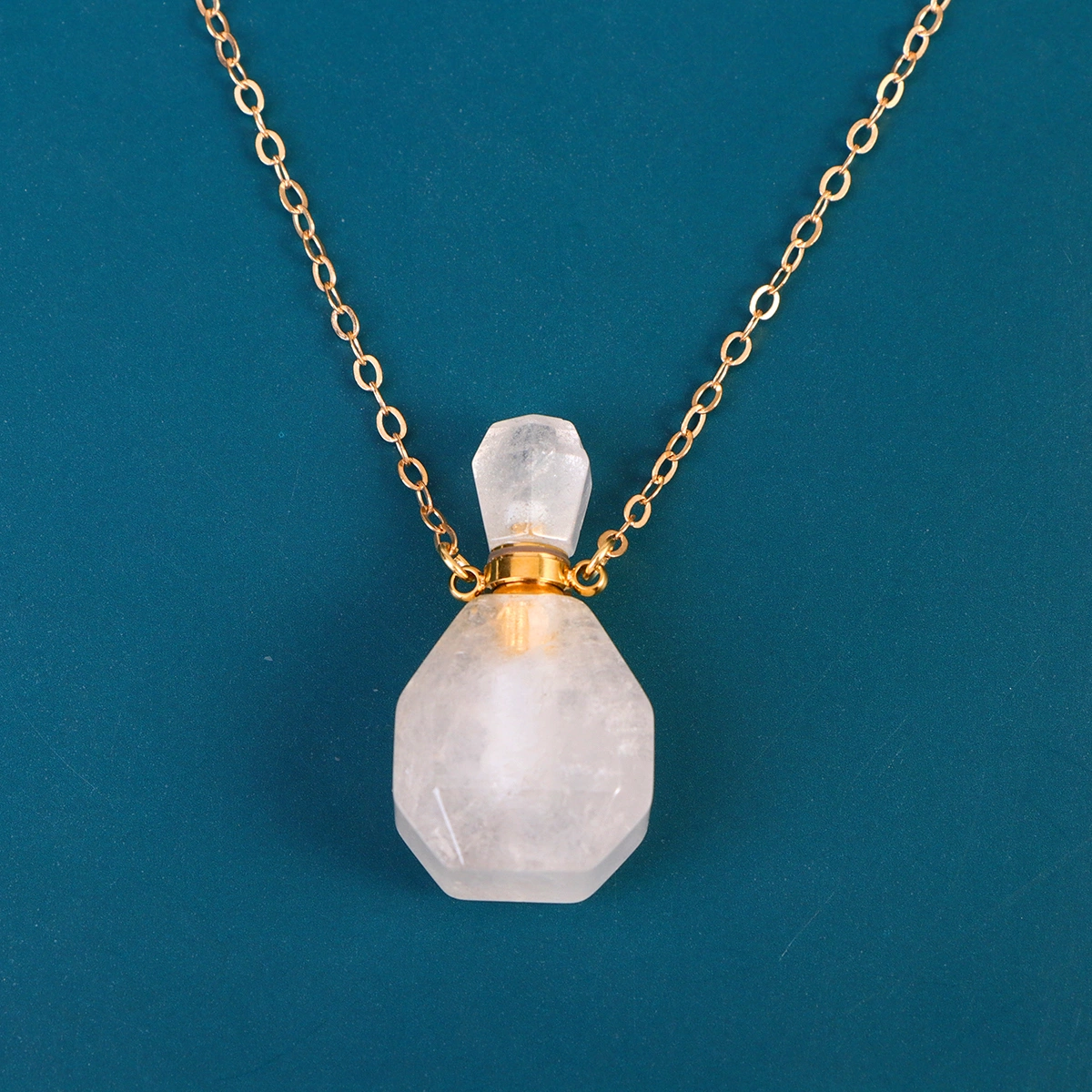 Natural Crystal Fluorite Wishing Bottle Perfume Essential Oil Bottle Pendant Necklace Accessories Colorful Hanging Container (White, with Metal Chain)