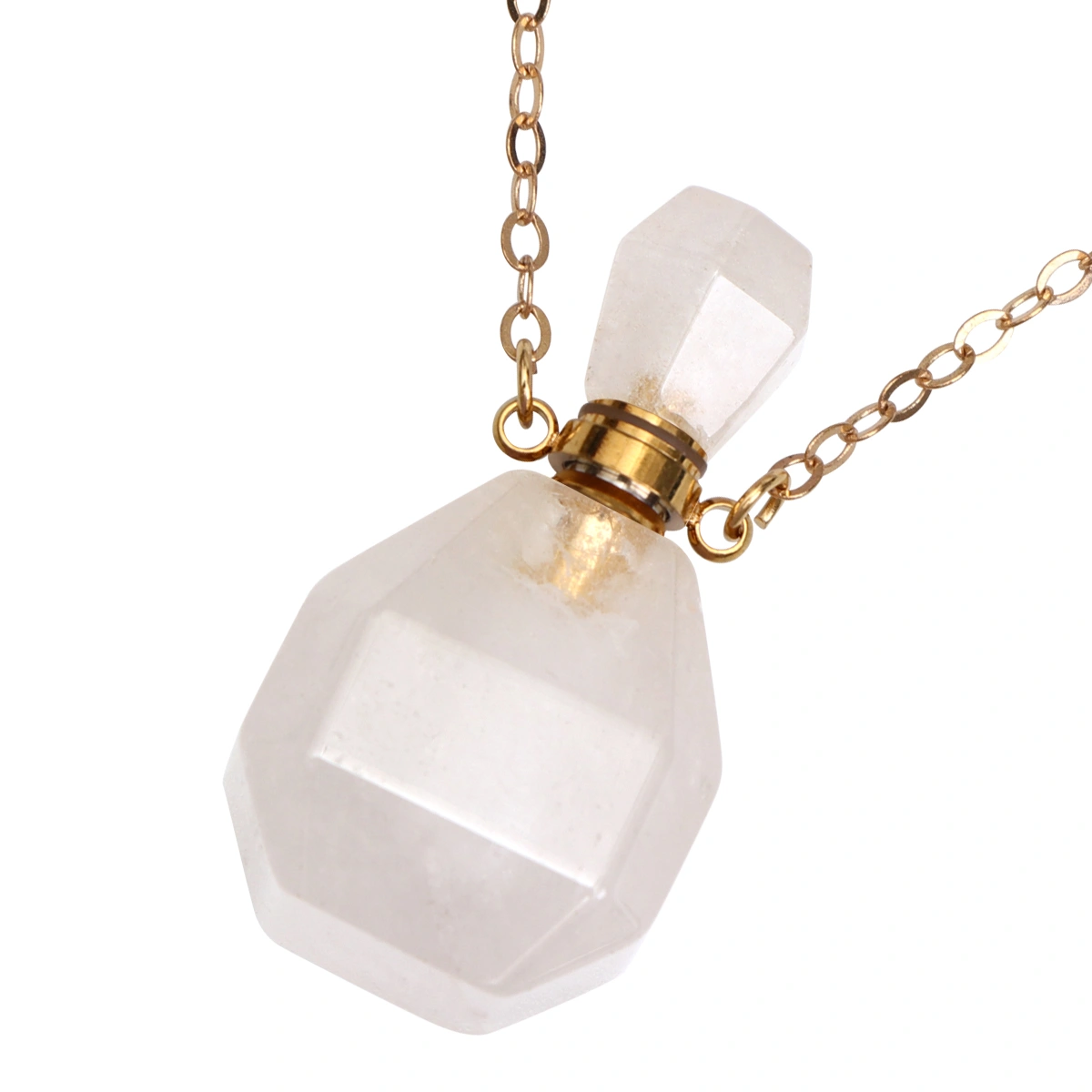 Natural Crystal Fluorite Wishing Bottle Perfume Essential Oil Bottle Pendant Necklace Accessories Colorful Hanging Container (White, with Metal Chain)
