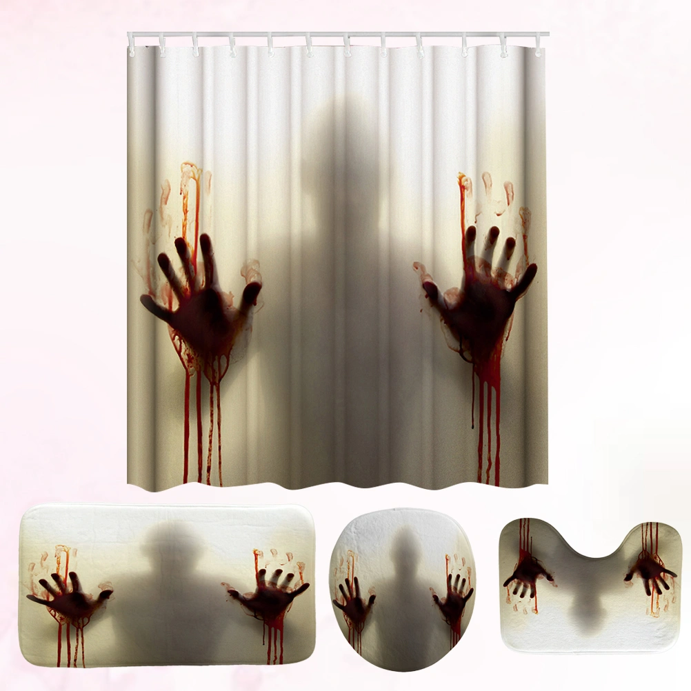 Halloween Shower Curtain with 3pcs Bathroom Mats Help Me with Bloody Hands for Halloween Decor Props for Bathroom Toilet with 12pcs Hooks (180x180cm)