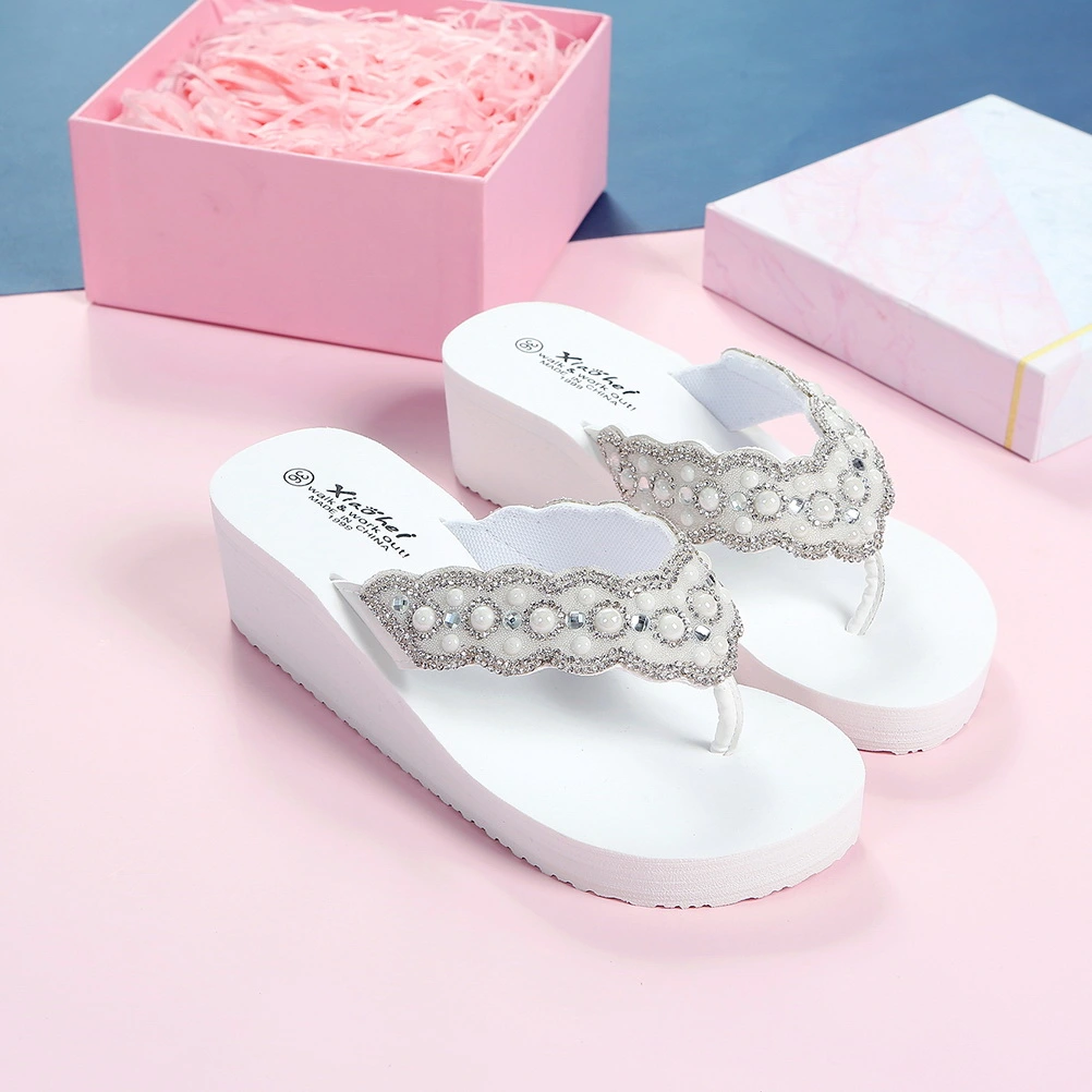 1 Pair Non-slip Beach Shoes Slipsole Shoes Flops Pearl Diamond Shoes for Summer Women Wearing (White Size 37  23.5CM, 6.5US, 4UK, 37.5EU, 9.2355Inch )