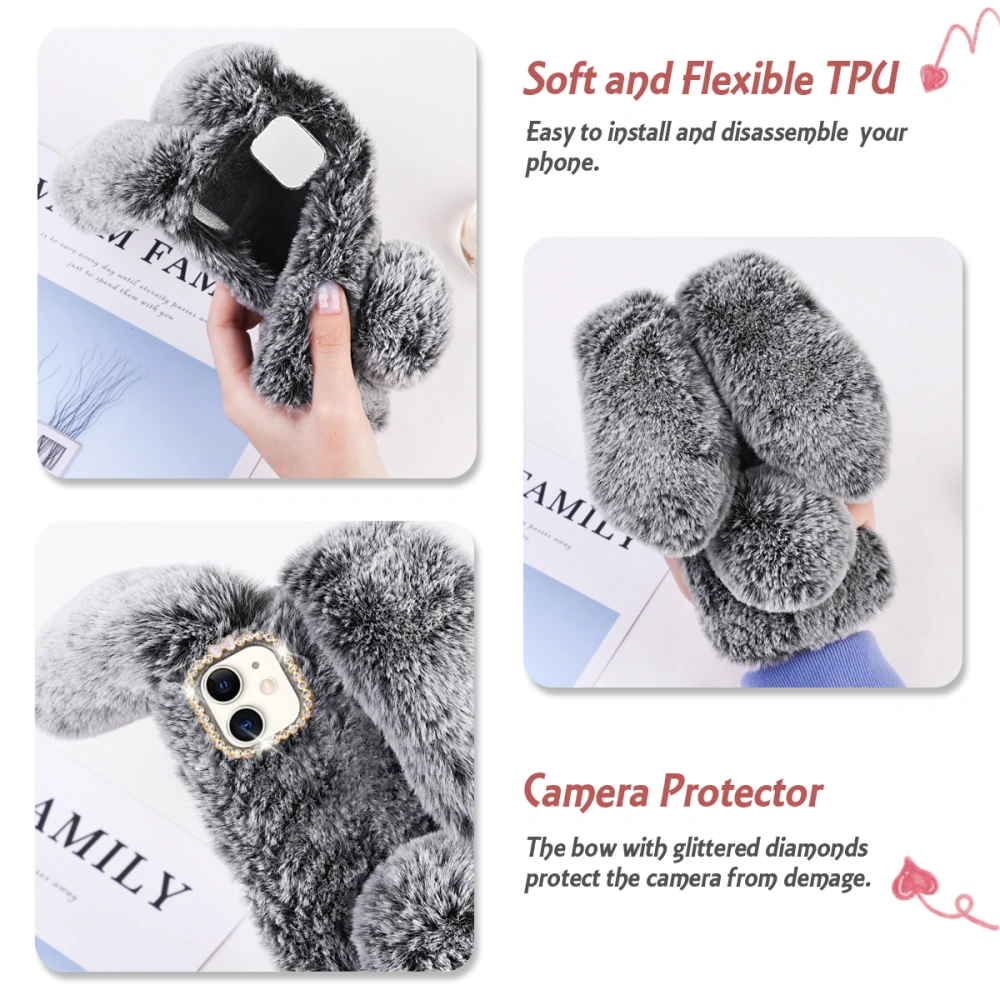 Dark Grey 6.1 Inches Plush Rabbit Pattern Phone Case Fashion Rhinestone Winter Keep Warm Phoho Shell Shockproof Cover Compatible With Apple iPhone 11