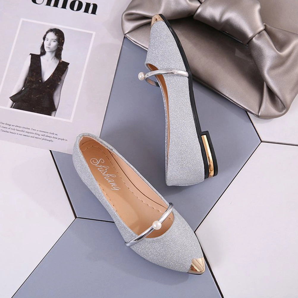 1Pair Summer Pointy Flat Nude Shoes Elegant Pearl Non-Slip Single Woman Shoes