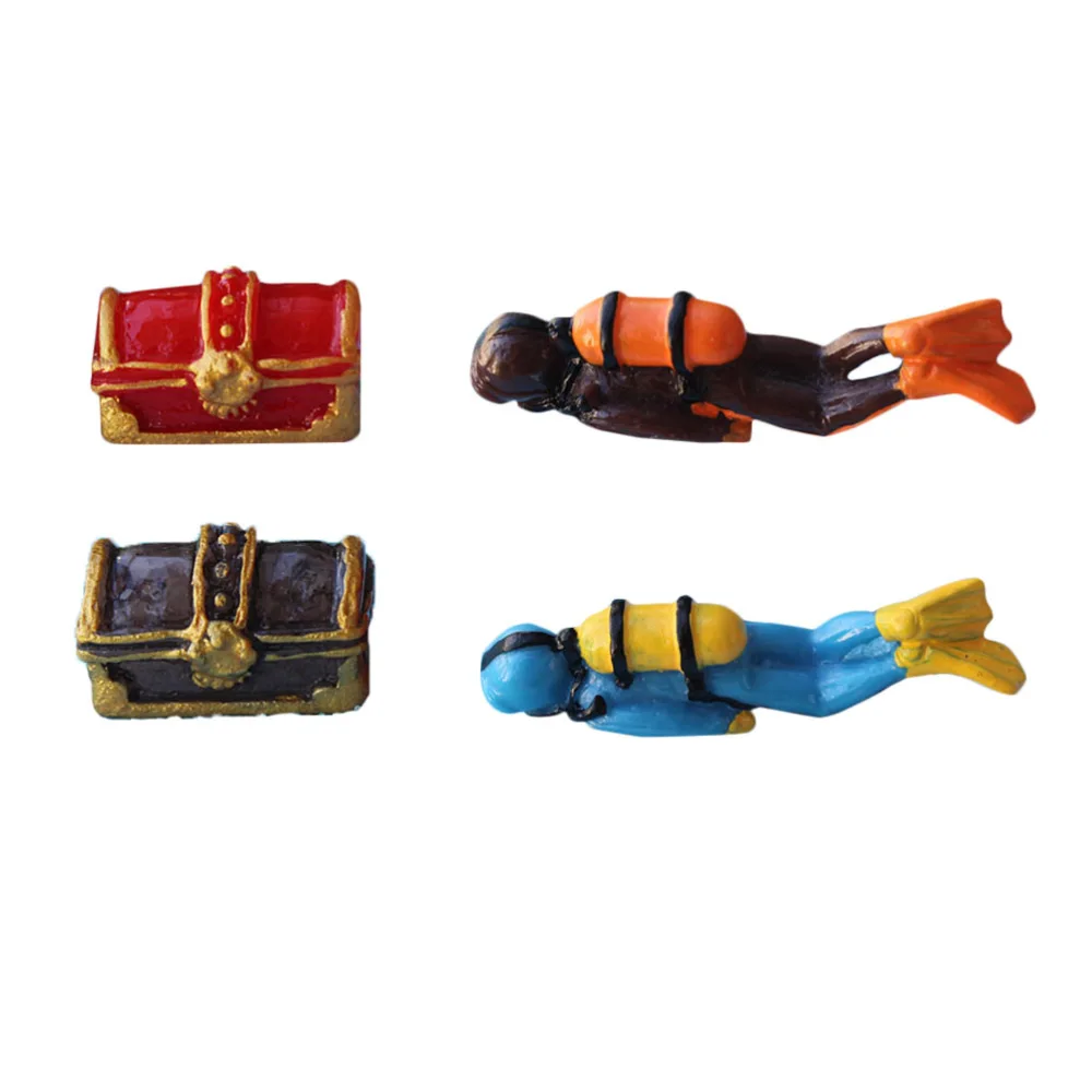 4pcs Fish Tank Adornment Diver Models Treasure Boxes Set Resin Art Crafts