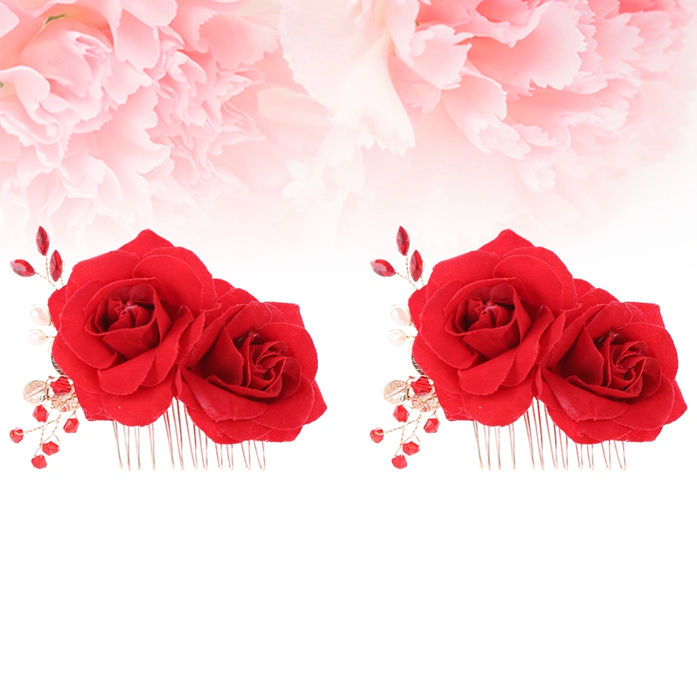 2pcs Exquisite Flower Hair Side Comb Imitation Rose Rhinestone Decor Hair Comb Hairpin for Wedding Party (Red)