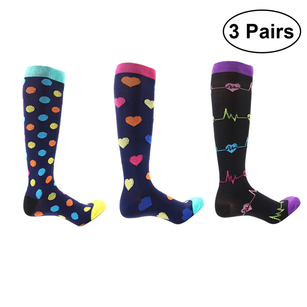 3 Pairs Women Men Compression Socks Knee High Stockings Breathable Sweat-absorbent Sports Athletic Basketball Football Running Socks for Exercise - Size L/XL (Black Ripple/ Love Heart/ Polka Dot)